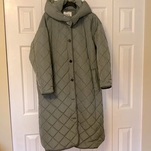 Zara Long quilted coat in sage with removable hood. Waterproof, warm